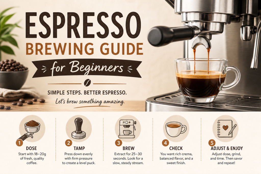 Banner reads 'Espresso Brewing Guide for Beginners' with a machine pouring espresso into a glass cup; five steps labeled Dose, Tamp, Brew, Check, Adjust & Enjoy.