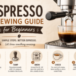 Banner reads 'Espresso Brewing Guide for Beginners' with a machine pouring espresso into a glass cup; five steps labeled Dose, Tamp, Brew, Check, Adjust & Enjoy.